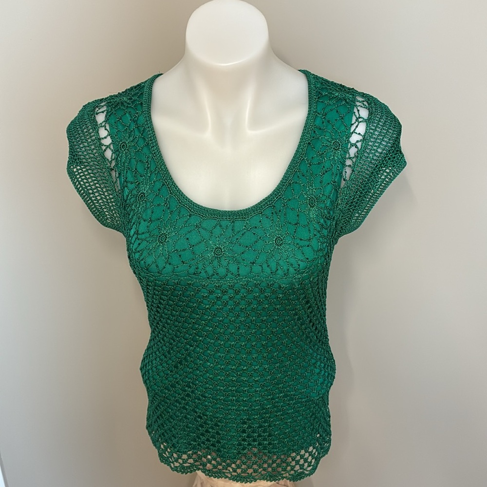 Cleo Crochet Top Cap Sleeve Blouse, Beading Embellished, Stretchy Bodycon, Green